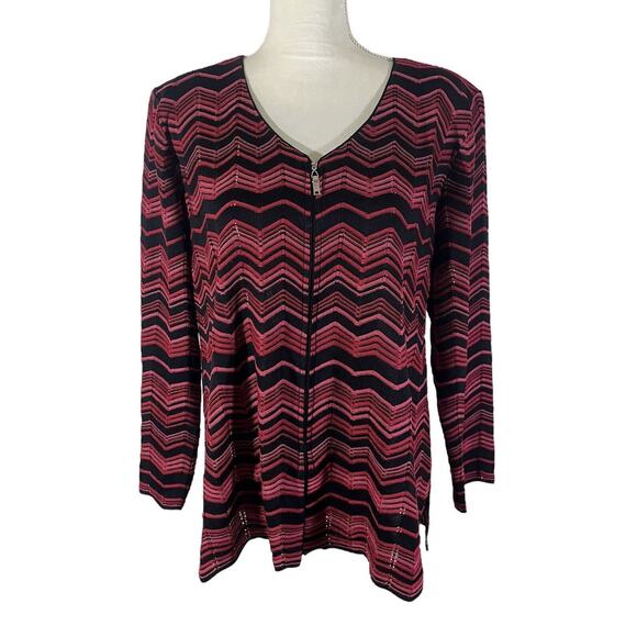 Exclusively Misook Chevron Full Zip Lightweight Cardigan Shoulder Pad Size Large - Picture 1 of 6